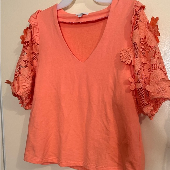 Umgee Tops - Umgee Coral V-Neck Top with Floral Crochet Puff Sleeves